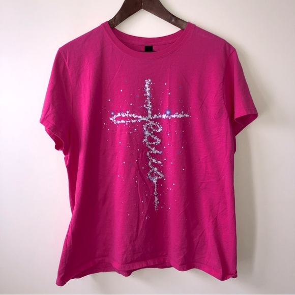 Hanes Jesus Cross Christian Graphic Cotton Tee T-shirt Pink 2XL - Picture 1 of 5